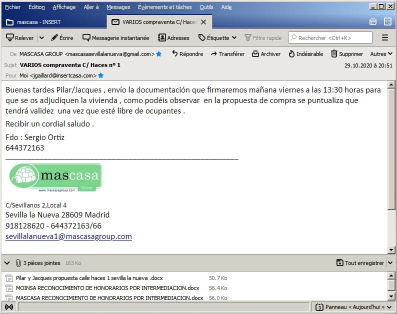 El correo electrónico con el cual Sergio Ortiz de la inmobiliaria Mascasa en Sevilla la Nueva (Madrid) nos mandó sus “propuestas”