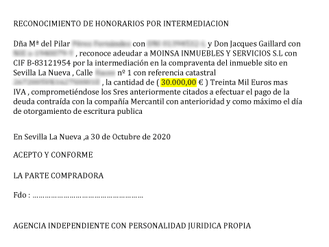 Fac-simile de la promesa de honorarios a favor de Moinsa, Móstoles, con CIF B-83121954