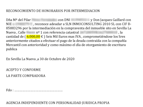 Fac-simile de la promesa de honorarios a favor de la inmobiliaria Mascasa, Sevilla la Nueva, con CIF B-85883296